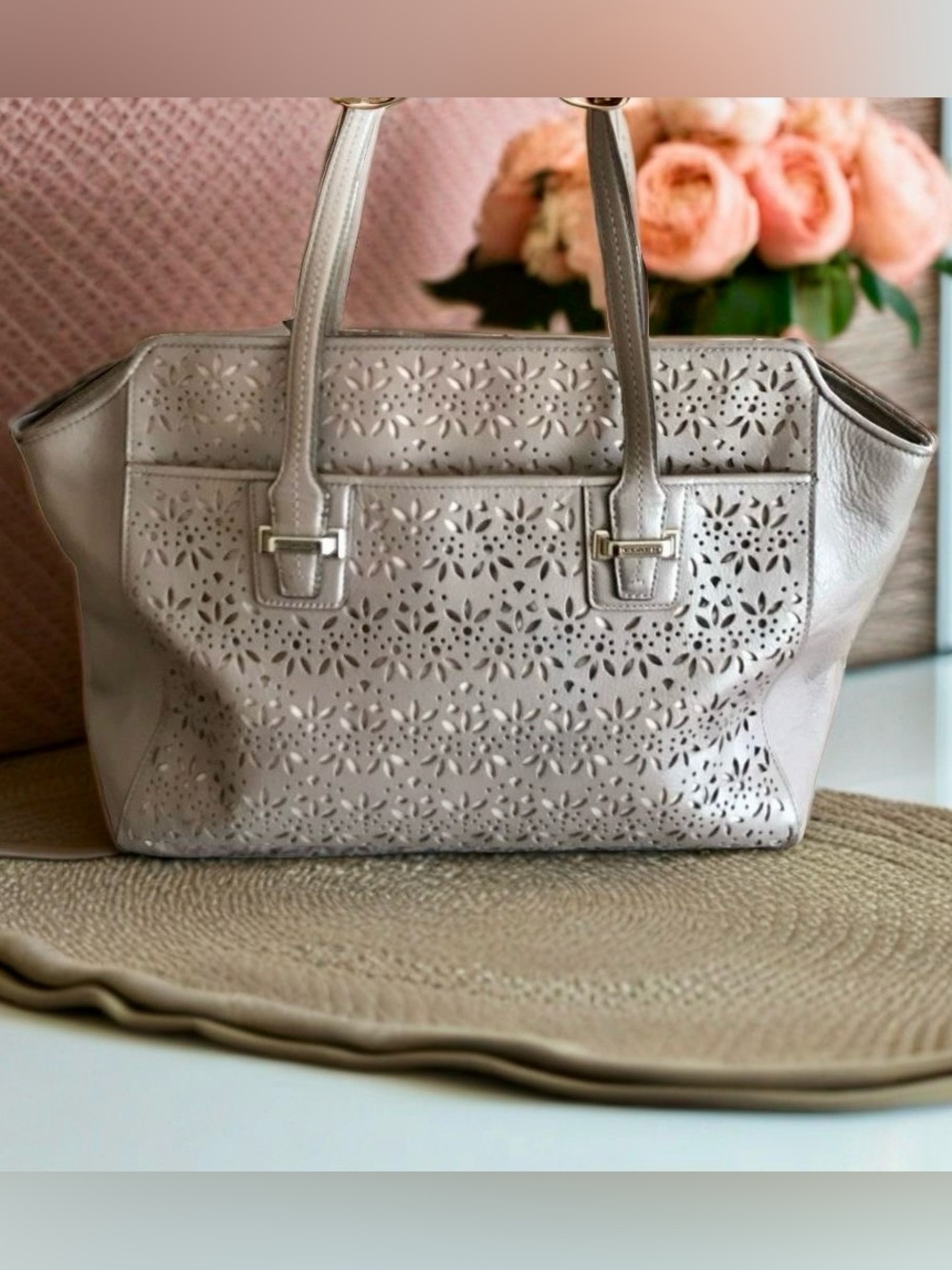 COACH Taylor Eyelet Leather Carryall – Pewter Gray Cutout Shoulder Bag